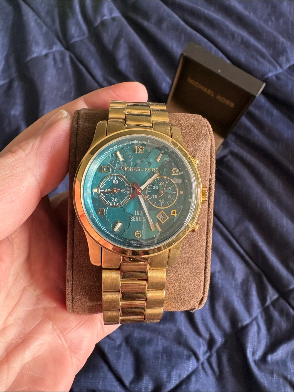 Michael Kors Gold Tone Watch with Blue Dial Chronograph - Picture 5 of 8